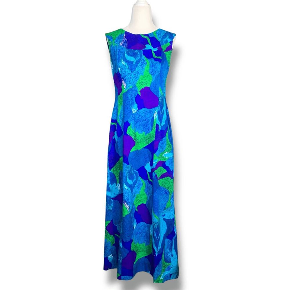 Vintage 60s Hale Muu Hawaiian Maxi Dress Blue Purple Green Abstract Floral Small - Picture 13 of 13